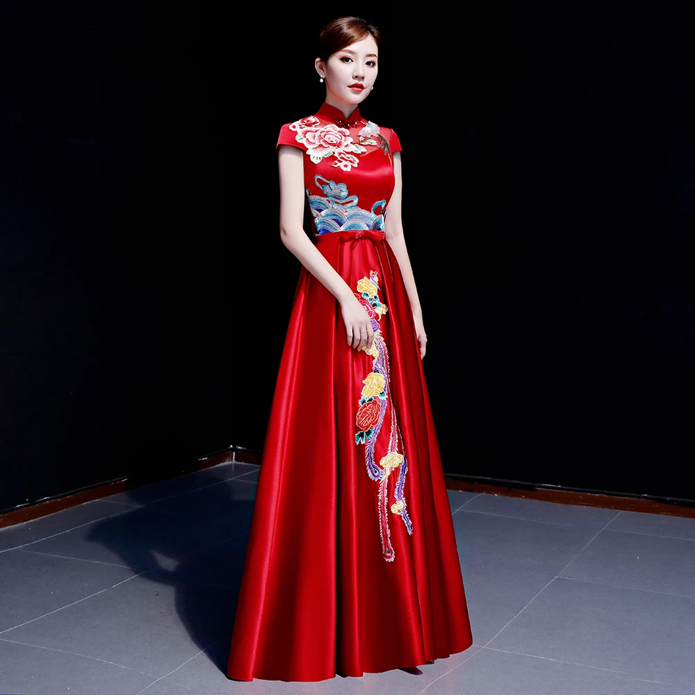 Традиционная вышивка цветок Qipao для женщин воротник стойка Cheongsam китайский стиль Vestidos женский этап платье для выступлений платье S-XXL