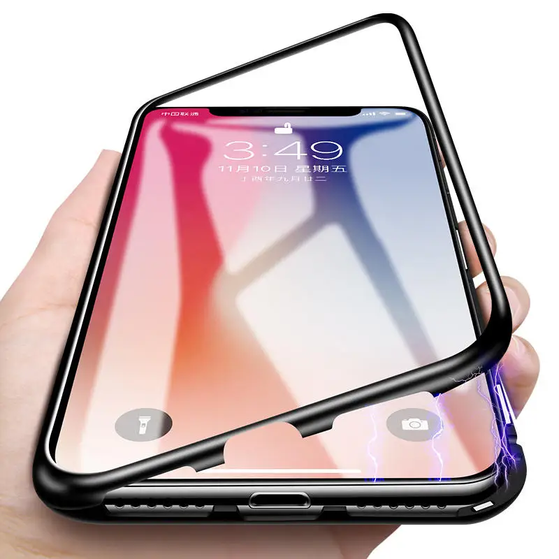 Magnetic Adsorption Phone Case Metal Magnet Absorption Screen Protector Tempered Glass Flip Cover For iPhone X 8 7 Plus |