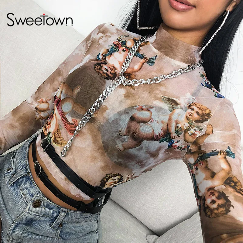 Женский сетчатый укороченный топ Sweetown прозрачная Пляжная футболка с принтом