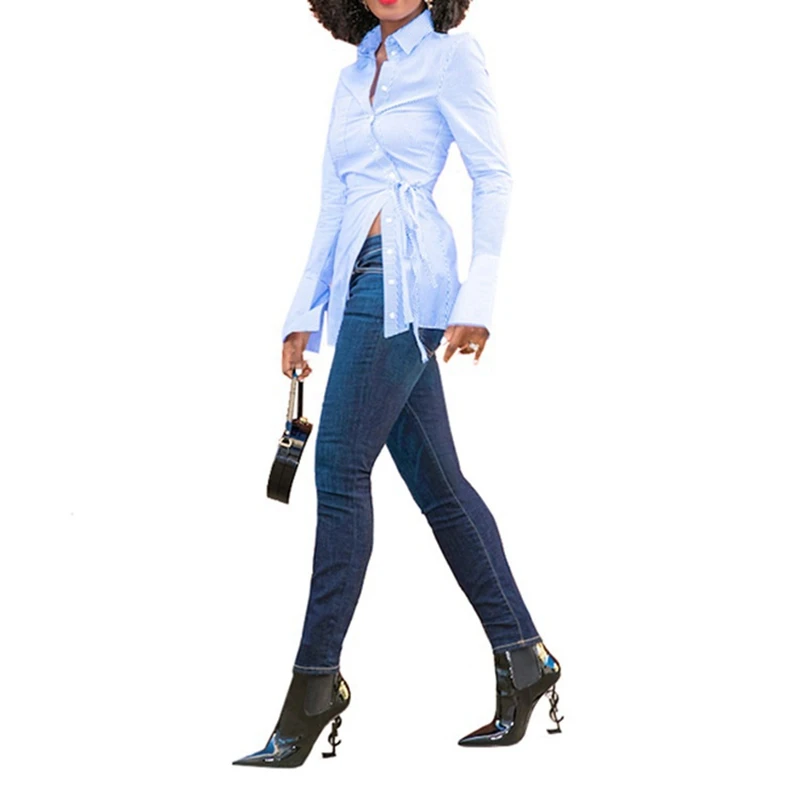 

BAMBOOBOY Fashion White Blouse Turn-down Collar Ladies Elegant Blue Striped Lace Up Tops Shirts Female Slim Blouses Shirt ZL934