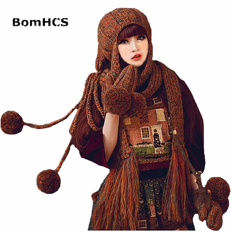 BomHCS Fashion Beanie Scarf & Gloves (2pcs )Cute Women Winter Warm Thick 100% Handmade Knit Hat Caps