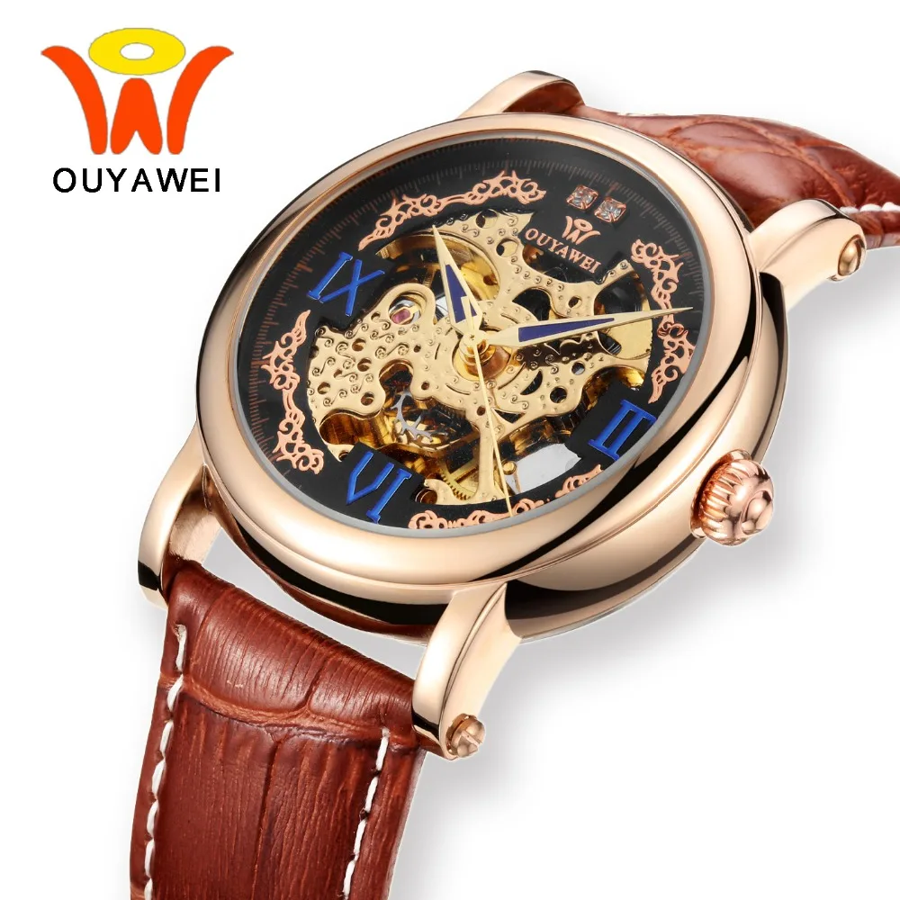 

Ouyawei Luxury Rose Gold Skeleton Mechanical Watch Mens Automatic Leather relojes automaticos hombre Mecha nical Wrist Watches