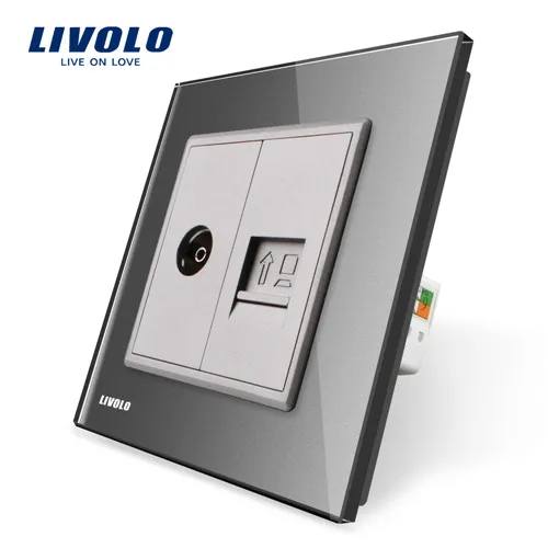 Grey without logo Livolo 7 цветов; туфли с украшением в виде кристаллов Стекло Панель, 2 банды стена компьютер и ТВ гнездо, C791VC-11/12/13/15 без переходник, без логотипа - Тип: Grey without logo