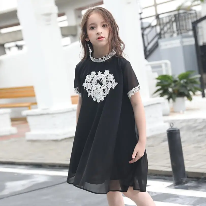 Free shipping girls embroidery dress teenage short sleeve black loose children holiday kids clothes 6-16Y ws604 | Детская одежда и