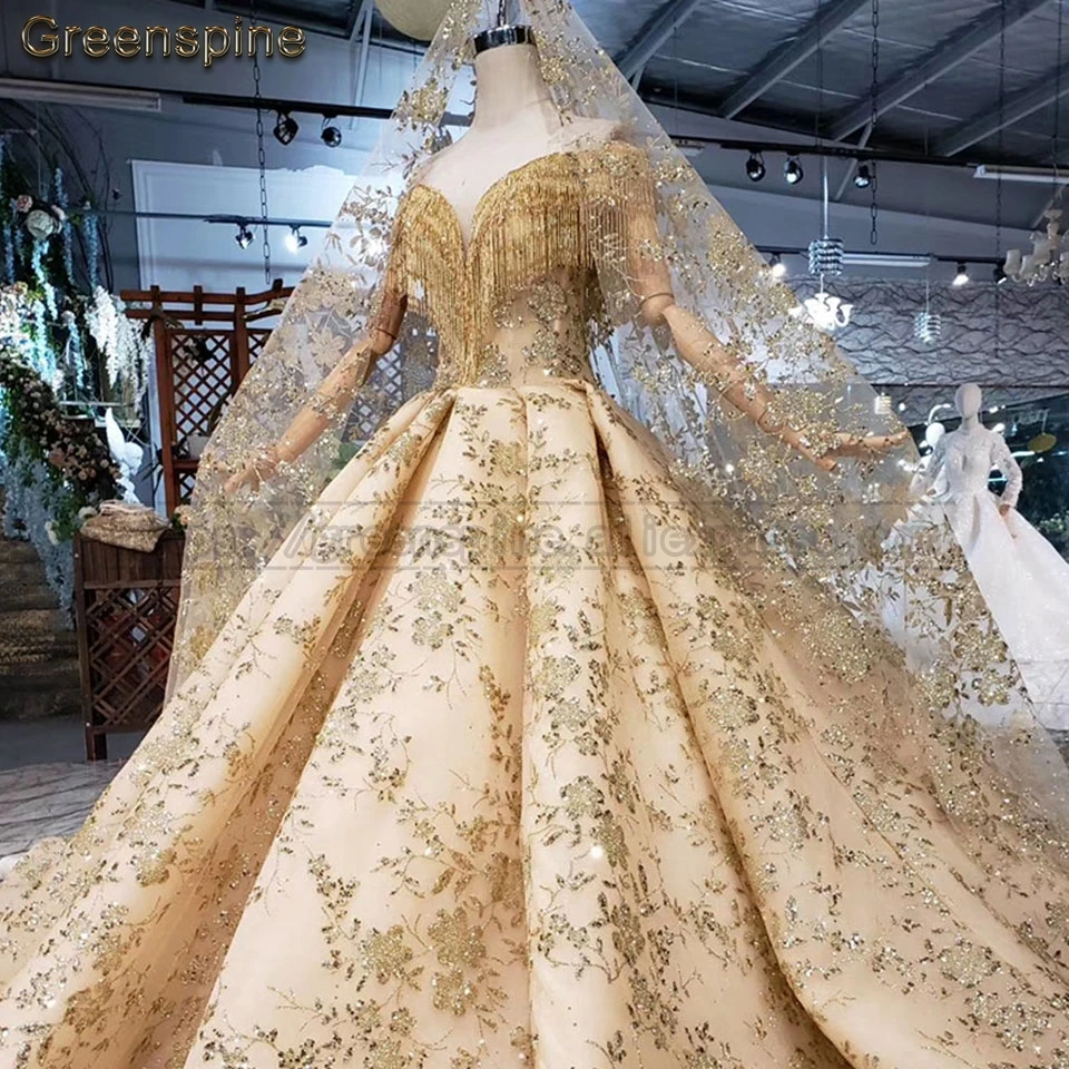 Женское свадебное платье Greenspine Золотое длинное с блестками и открытыми плечами