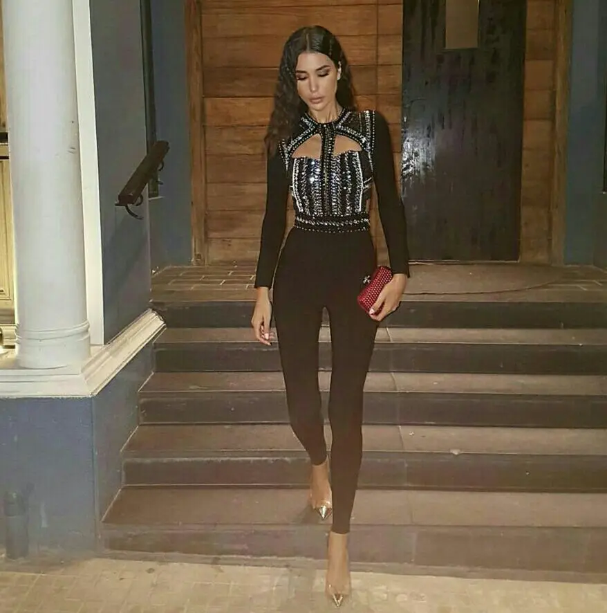 Высококачественный черный комбинезон с длинным рукавом и бисером сексуальный