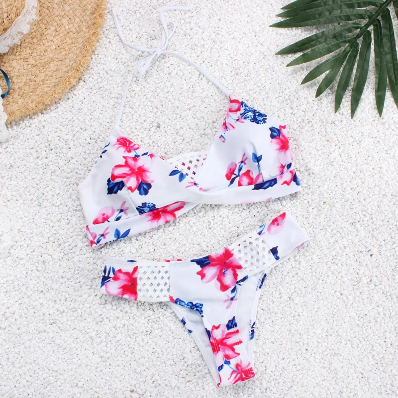 Hot Sexy biquini Push Up Padded Bra bikini Set Yarn mesh slim swimsuit 2017 micro print floral swimwear women |