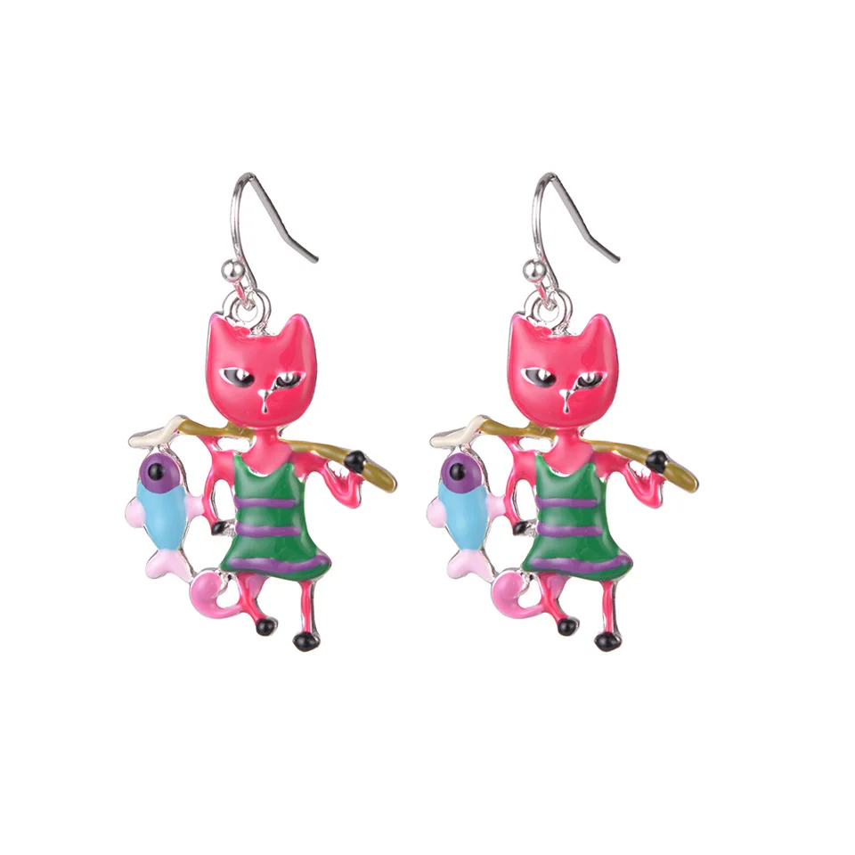 color2 Женские серьги,, корейская мода, эмаль, сплав, мультфильм, кошка, рыбалка, висячие серьги, цветные, животные, ювелирные изделия, аксессуары - Окраска металла: color2