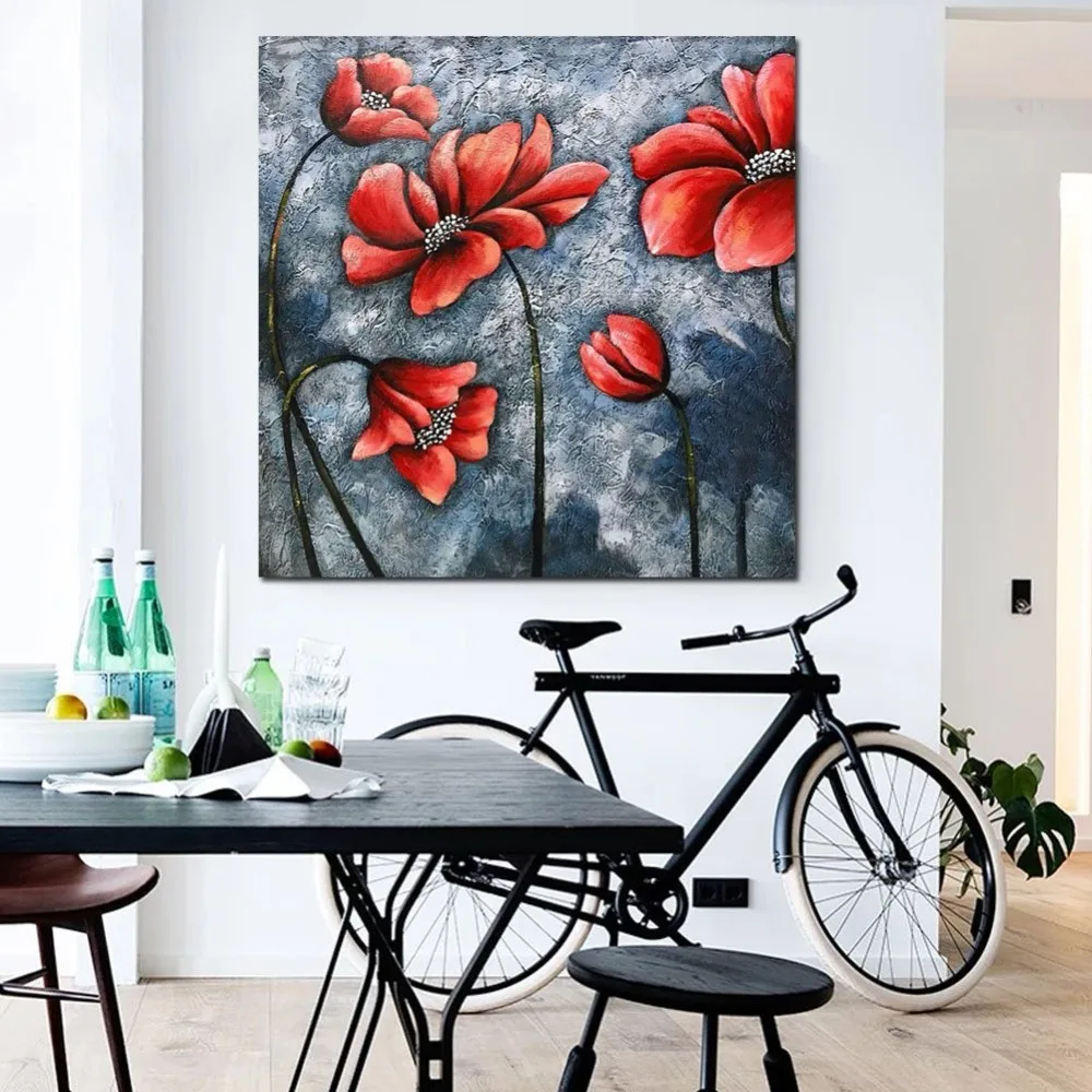 Ручная роспись абстрактная картина маслом в красных тонах цветы серый на холсте