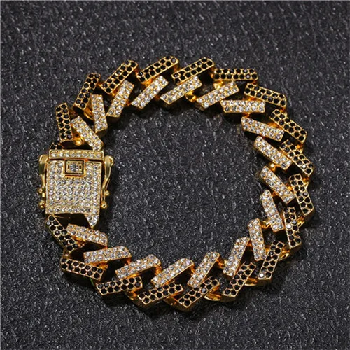 Хип-хоп 15 мм кубинская цепь Bling Iced Out Циркон Стразы Полный AAA проложили Стразы мужские браслеты для мужчин ювелирные изделия - Окраска металла: Gold and Black