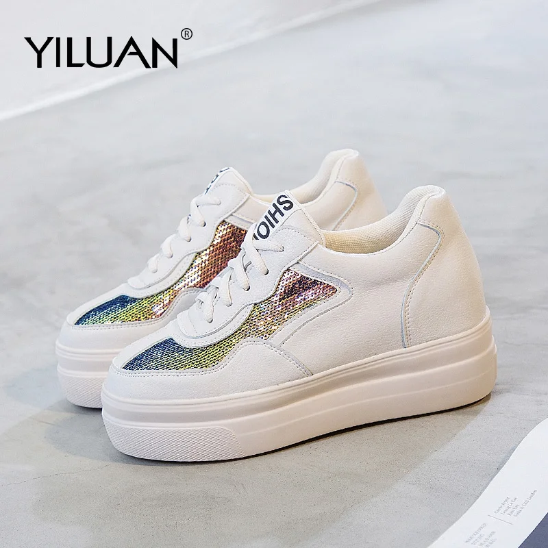 Женские кожаные кроссовки дышащие с блестками маленькие 7 см демисезонные|Обувь