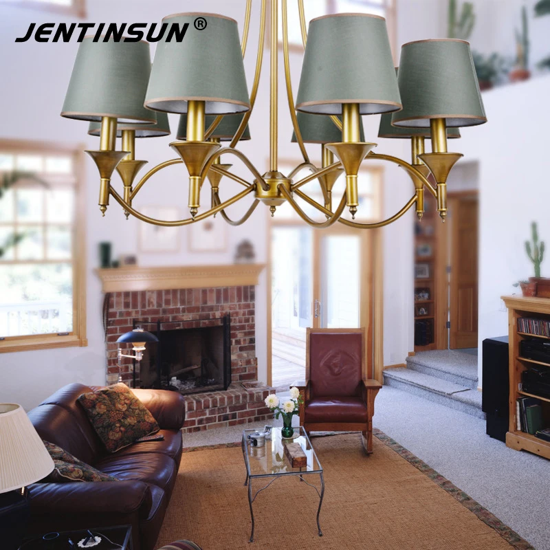 Новинка 2017 года ретро металл железо Люстры LED Ткань Абажур Висит Освещение Медь