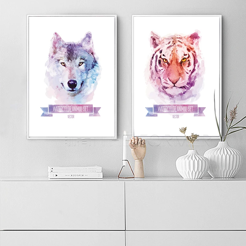 

Wall Art Dog Wolf Tiger Animals Watercolor Design Posters Canvas Painting Cafe Shop Home Decor On Canvas Concise Print Artworks