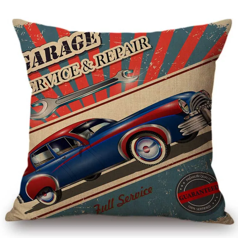 Винтажная декоративная подушка в стиле ретро с постером на автомобиль 18