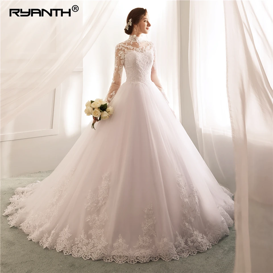 Vestido De Noiva/Новое поступление года; кружевное свадебное платье с высоким воротом и длинными рукавами; платье на заказ; Недорогое Платье Casamento