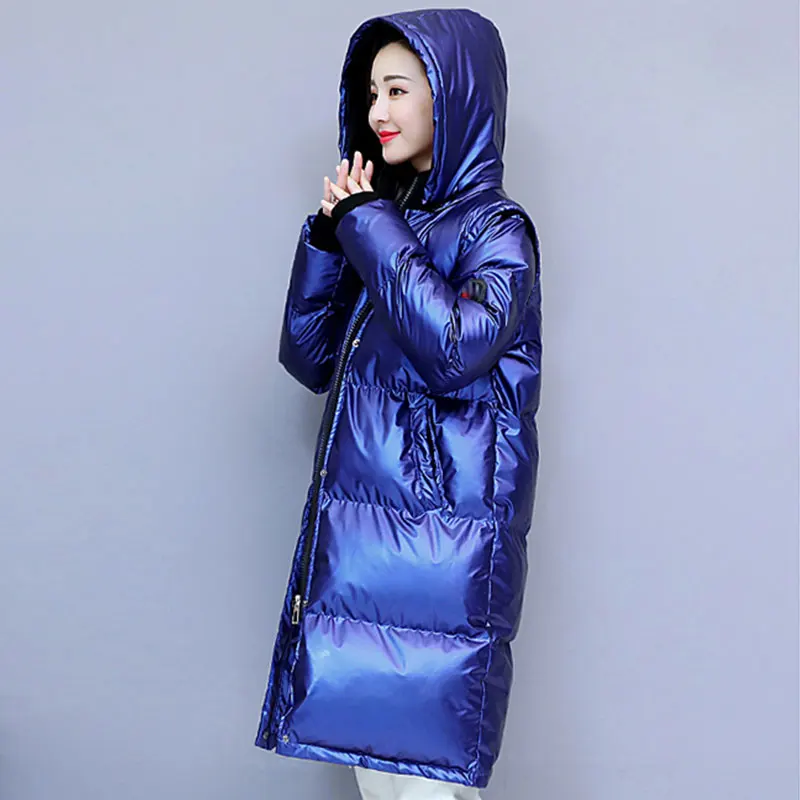 blue Стильная женская зимняя куртка металлическое глянцевое зимнее теплое пальто женские утепленные пуховики парка с капюшоном manteau femme hiver 139 - Цвет: blue