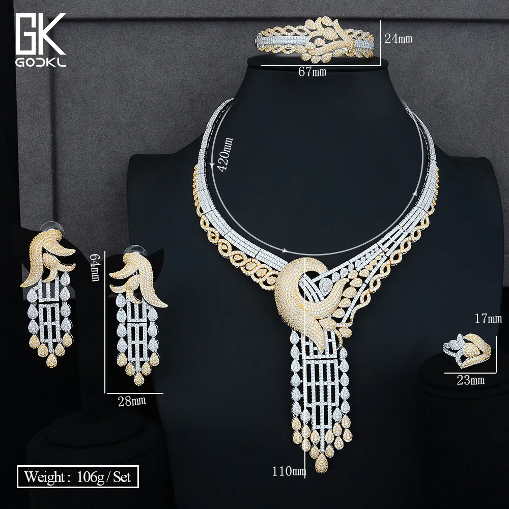 

GODKI Luxury Flower Tassels 4PC Nigerian Bridal Jewelry Sets For Women Cubic Zirconia Crystal CZ Dubai Indian Gold jewelry Sets