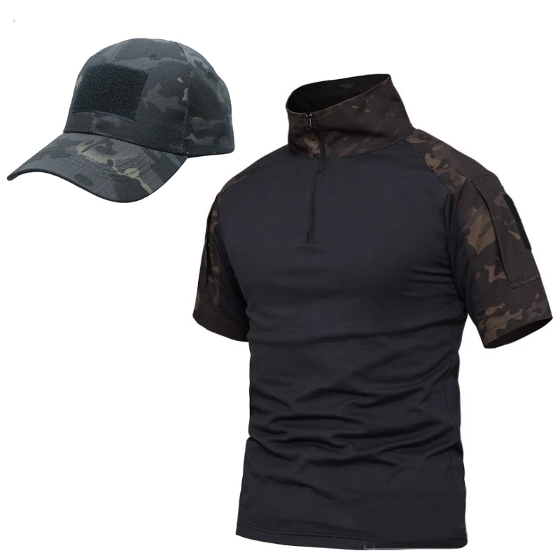 

TAK YIYING Summer Camouflage Uniform US Army Combat T Shirt Men Short Sleeve Mc Camo Paintball Airsoft Cargo Tactical Shirt +Hat