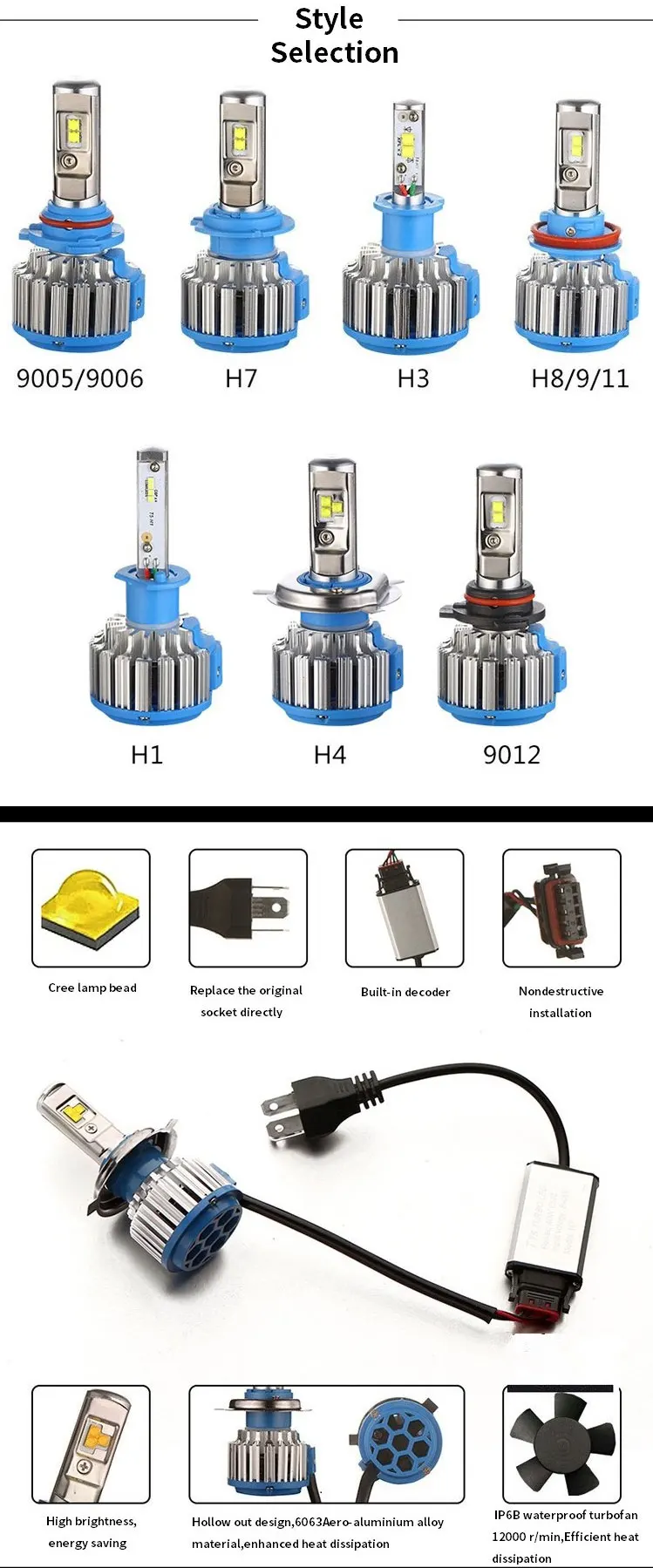 2 шт 6000 К H4 светодиодный H7 H11 H1 H3 880/881 9005 9006 Авто T1 Автомобильные светодиодные лампы фар 80 Вт 8000LM стайлинга автомобилей 9004 9007 9012 H8 H9 H13 светодиодный