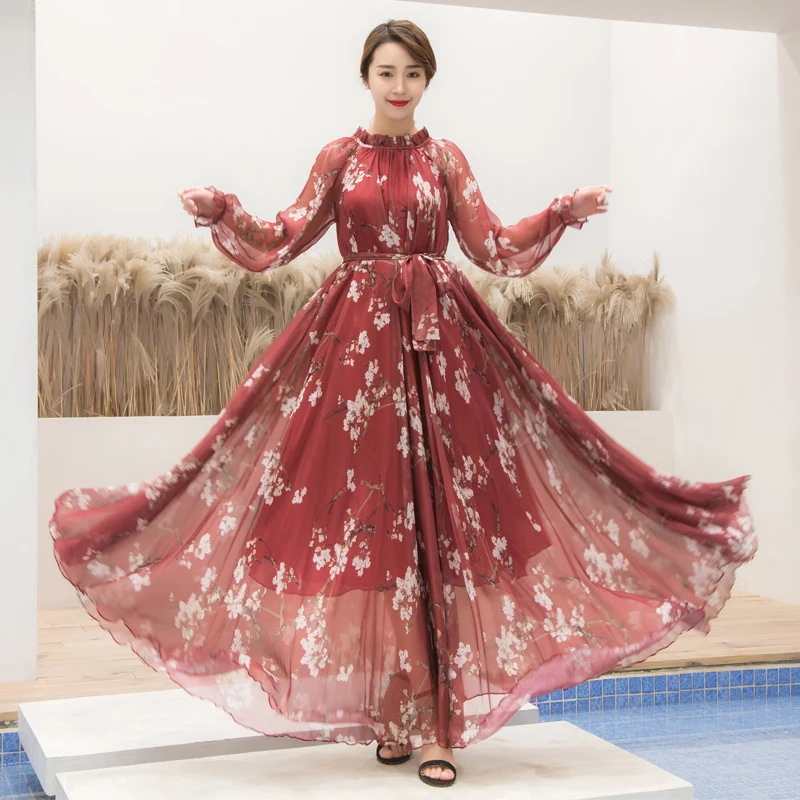 

Bohemian Style long Maxi dress Plus size Chiffon Flowy Runway Maxi Dress Long Sleeve O-Neck Elegant Flower Print Beach Sundress