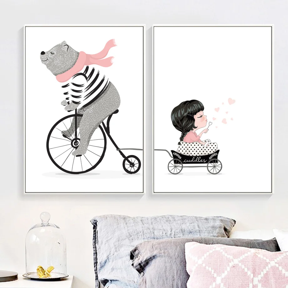 Скандинавский стиль детский Декор медведь и девочка для путешествий холст