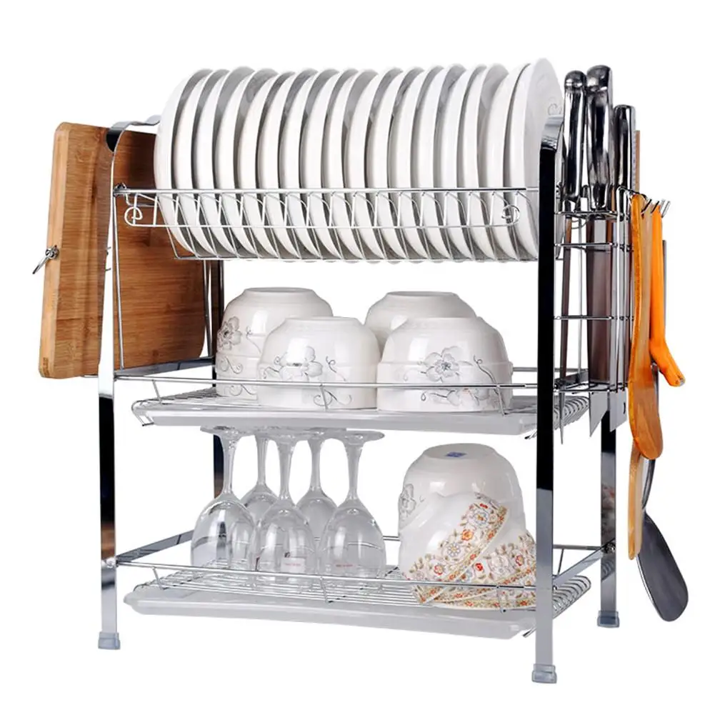 

Multifunctional Storage Rack Dish Drying Rack 3-Tier Chrome Dish Drainer Rack Kitchen Storage Tool With Cutlery Cup Dish Racks