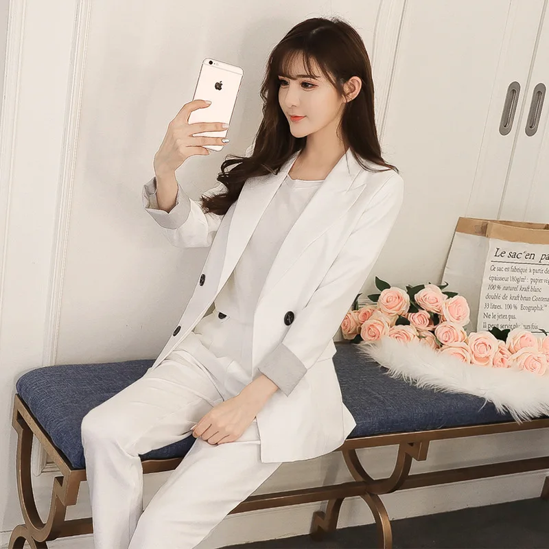 2018 new autumn and winter fashion solid color long-sleeved small suit + wide-leg pants elegant temperament casual two-piece sui | Женская