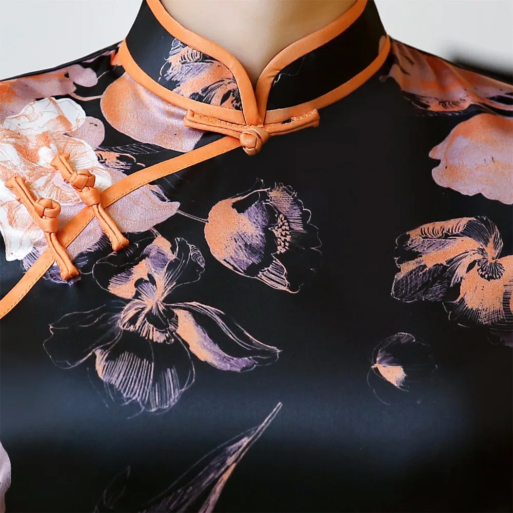 Шанхай история короткое китайское восточное платье Cheongsam черные цветочные Qipao