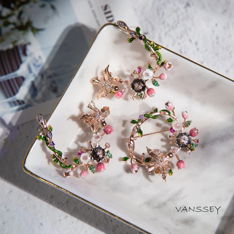 Vanssey, модное ювелирное изделие, цветок, птица, натуральный перламутр, раковина, эмаль, кубический цирконий, серьги-кольца, аксессуары для женщин, новинка