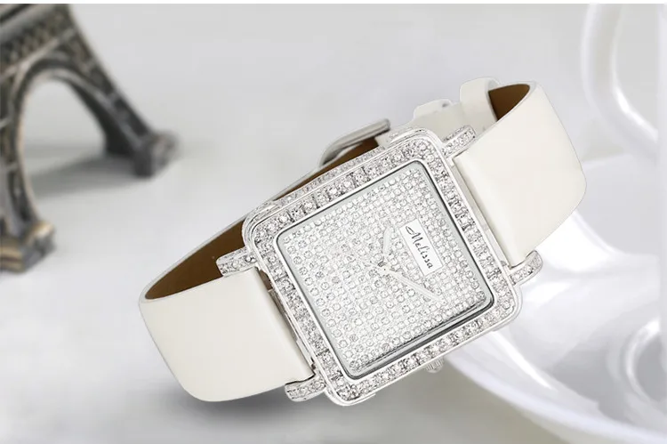 

MELISSA Starry Designer Women Luxury Full Crystals Watches Quartz Elegant Lady Square Dress Wrist watch Leather Montre femme