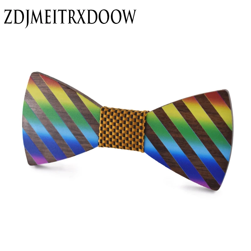 

New design Rainbow Wood Bow Ties for Mens Wedding Suits Wooden Bow Tie Butterfly Shape Bowknots Gravatas Printing Cravat