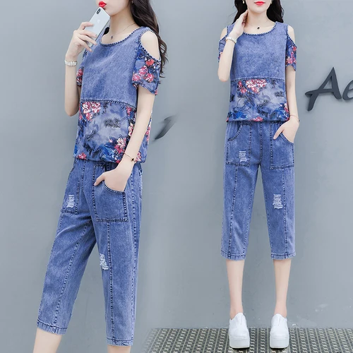 

Off Shoulder Denim Women 2 Piece Set Top And Pants Floral Print Jean Women Two Piece Outfits Fashion Korean Set Woman Clothes