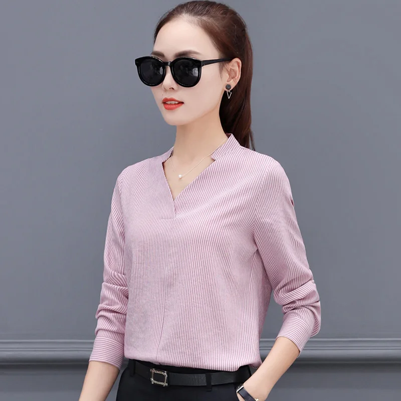 Новинка женские рубашки в полоску с v образным вырезом размер S XL длинным рукавом
