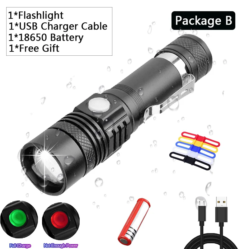 Package B Мощный супер яркий светодиодный флэш-светильник USB linterna светодиодный фонарь T6/L2/V6 мощный наконечник масштабируемый велосипедный светильник 18650 перезаряжаемый z50 - Испускаемый цвет: Package B