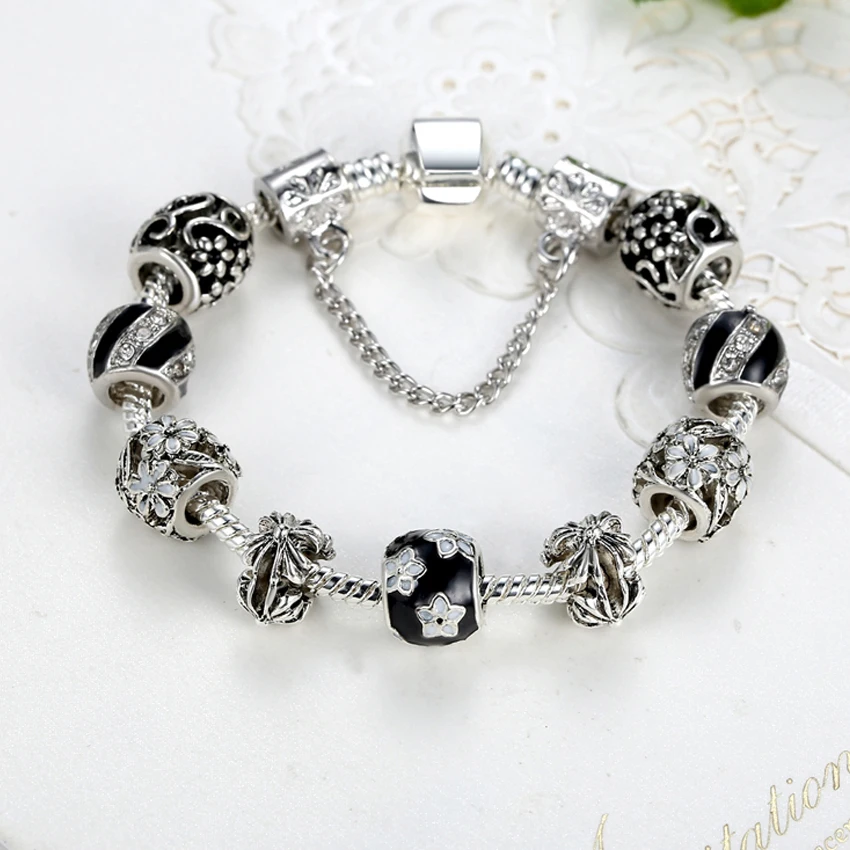 ELESHE тибетский серебряный цветочный Шарм браслет на запястье с черной эмалью Ясно