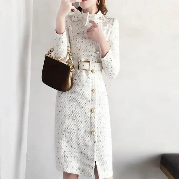 Женское твидовое платье с длинным рукавом Осеннее/зимнее облегающее Деловое