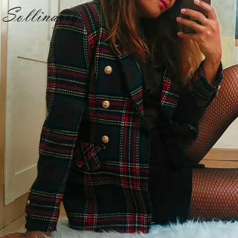 Sollinarry 2 цвета повседневный Блейзер пальто для женщин твид Осень зима блейзер куртка женский в клетку длинные
