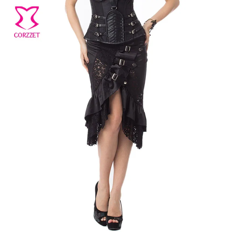 Victorian Black Satin &amp Lace Floral Ruffles Steampunk Skirt Burlesque Vintage Sexy Skirts Womens Plus Size 6XL Gothic Clothing | Женская