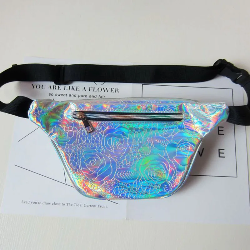 Holographic Blue Fanny Pack Laser Waist Packs Hip Bag Women's Rainbow Bags Unisex Flower Fannie for Women |