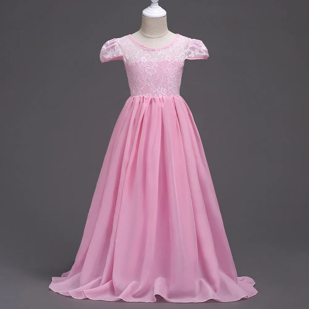 Girl Lace Chiffon Short Sleeve Princess Dress 2018 Summer Girls Long Party kids Bridesmaid Wedding Age 6-15 Years old | Детская одежда