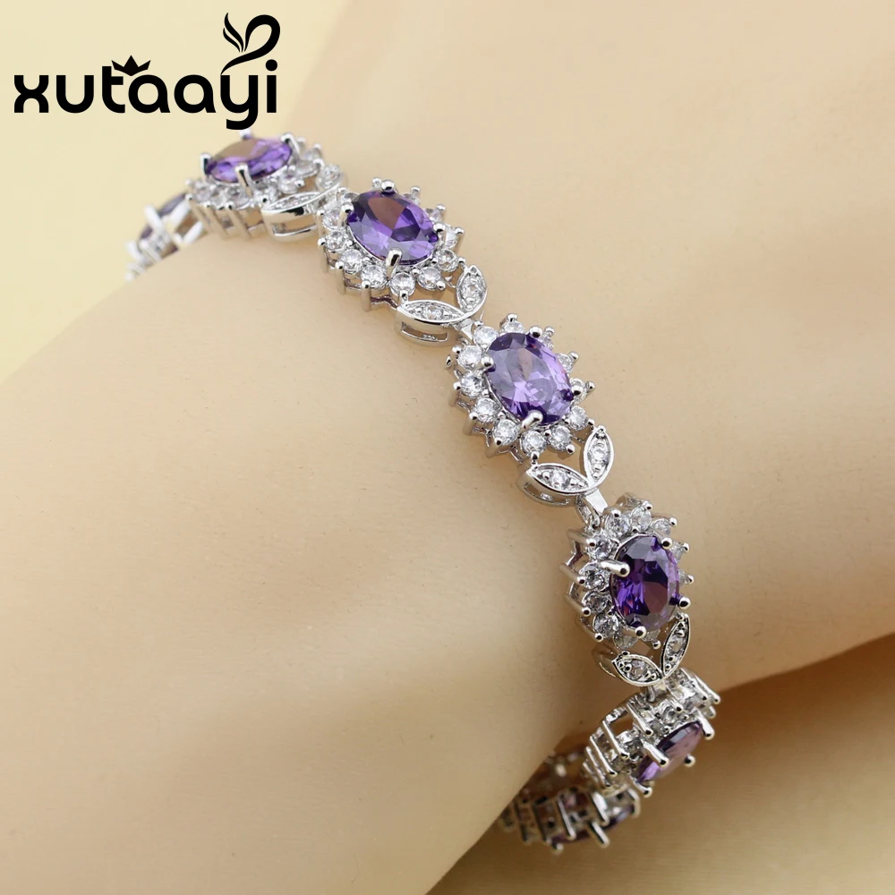 XUTAAYI 4PCS Silver colorcolor Jewelry Set Flower Purple Zircon Earrings Ring Necklace Pendant Bracelet Christmas Gift | Украшения и