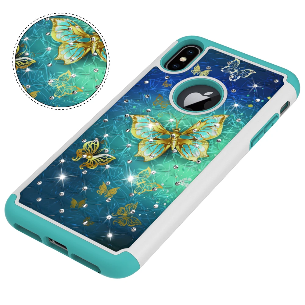 Чехол для телефона Iphone XR Xs Max X 2 в 1 с блестящими кристаллами Ударопрочный Мягкий