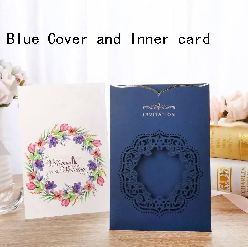 Cover and Insert 10pcs Blue Laser Cut Wedding Invitations Card Bride and Groom Greeting Cards Customize Envelopes Wedding Event Party Decorations - Цвет: Cover and Insert