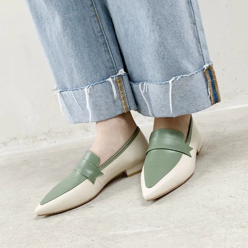 

ISNOM Thick Low Heels Pumps Women Pointed Toe Footwear Lafers Shoes Female Fashion Casual Shoes Cow Leather Shoes Woman 2019 New