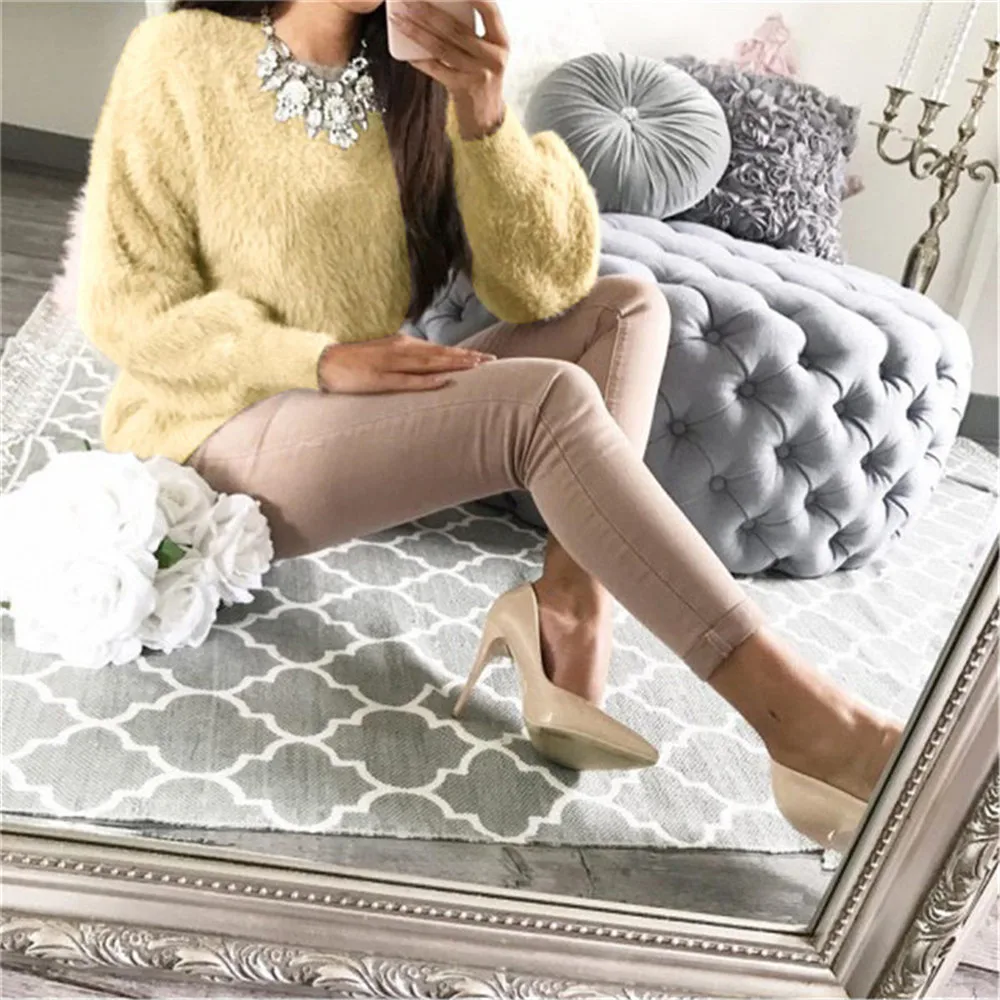 2019 Women Winter Knitting Christmas Sweaters Loose Casual Pull Femme Solid Pullover Streetwear Faux Fur Female Knitted Sweater | Женская