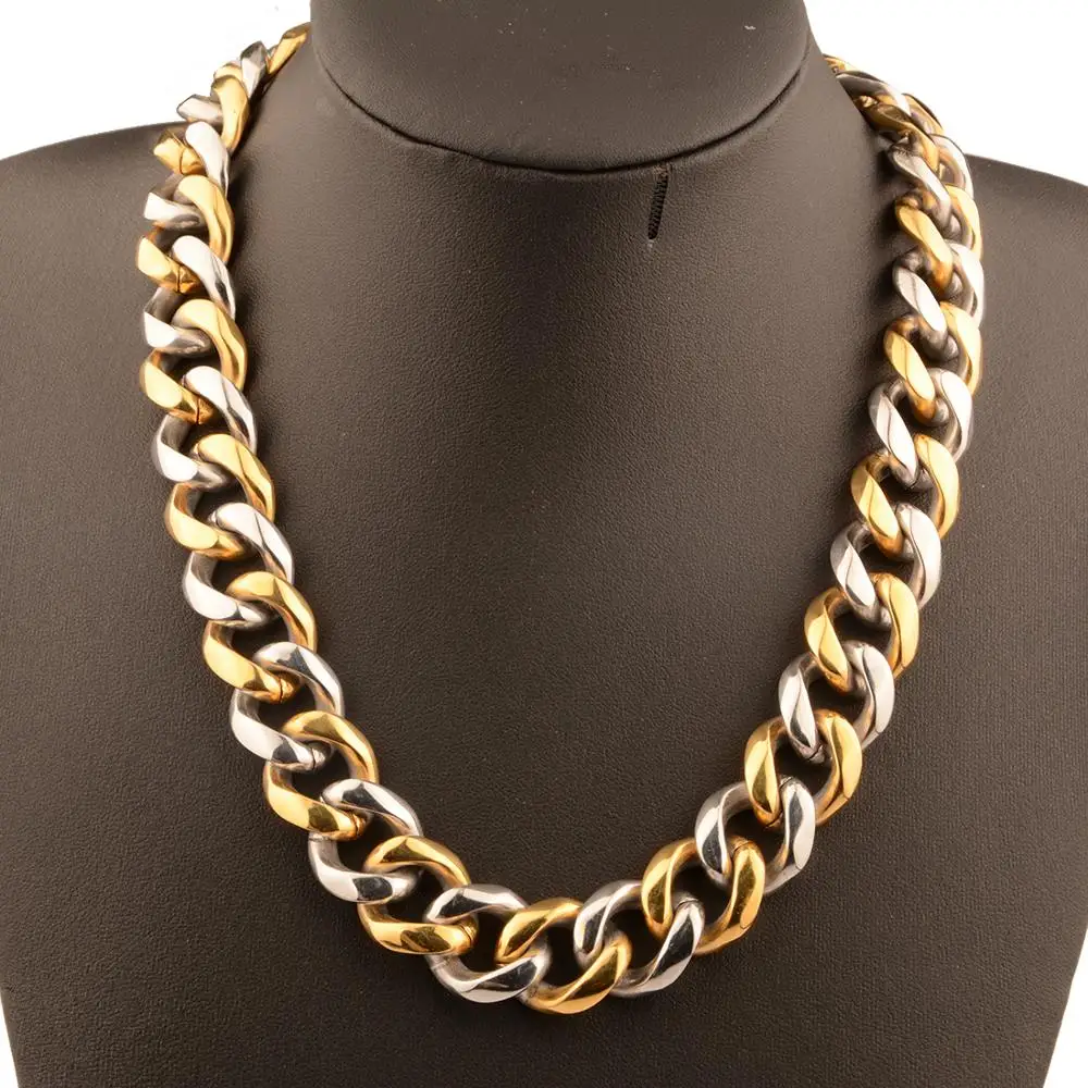 10/12/15/17/19mm Wide Cool Biker Men Stainless Steel Polishing Gold Curb Cuban Link Chain Bracelet or Necklace 7-32inch | Украшения и