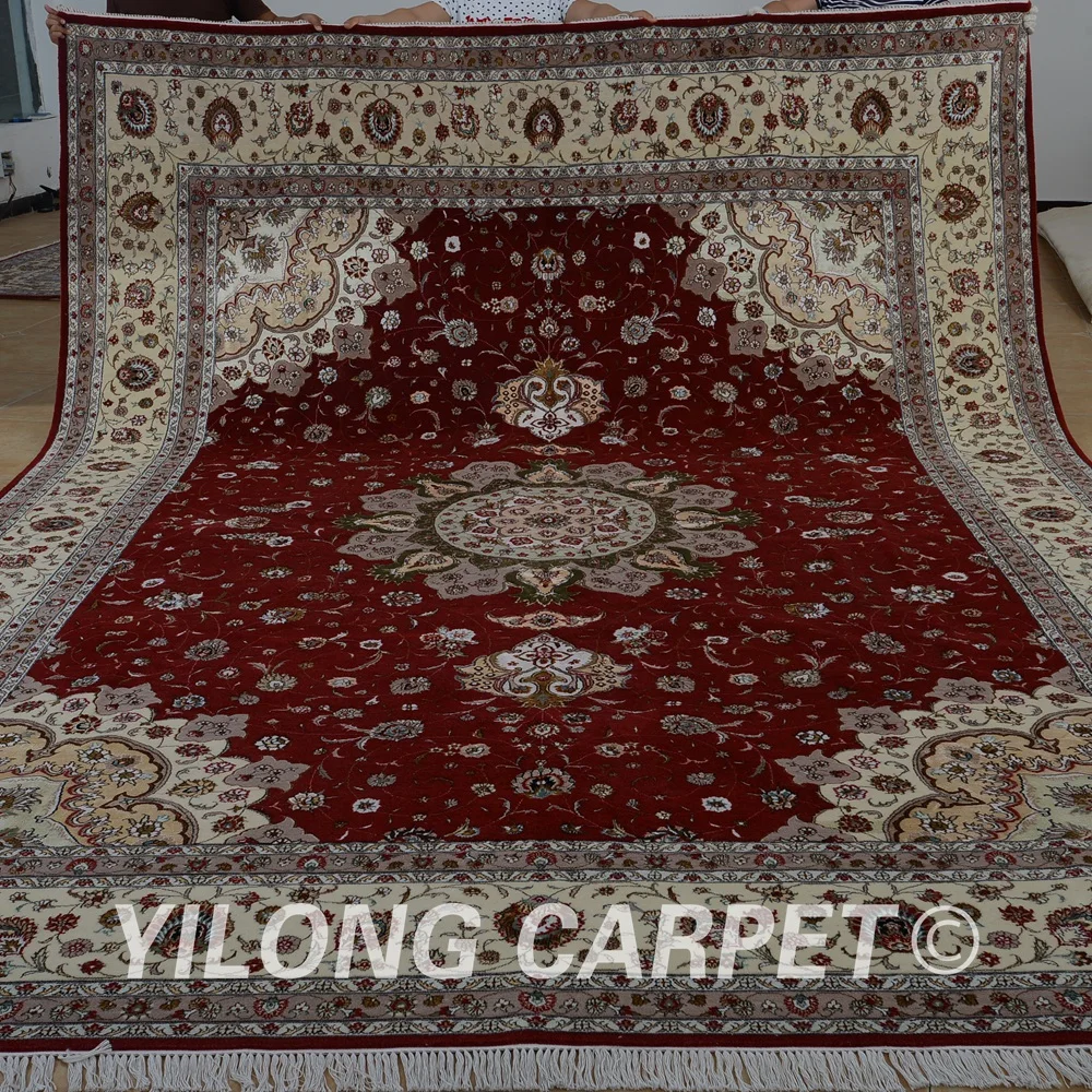 Goedkoop Yilong 10'x14' Handgemaakte Rode En Beige Wol Karpetten Prachtige Moderne Wol Zijde Tapijt (1506)