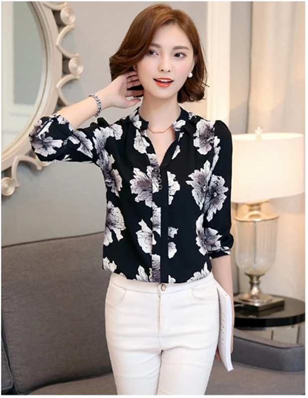 Воротник С Длинными Рукавами Шифон Тонкий Длинные Дамы V Печатных Рубашку |