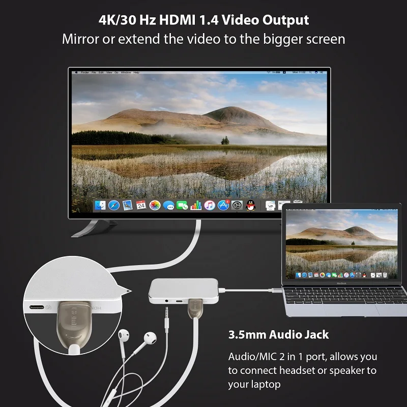 JZYuan 8-в-1 USB-C Type C 3 1 концентратор для PD 5 мм аудио 4K видео HDMI USB 0 SD/TF кард-ридер