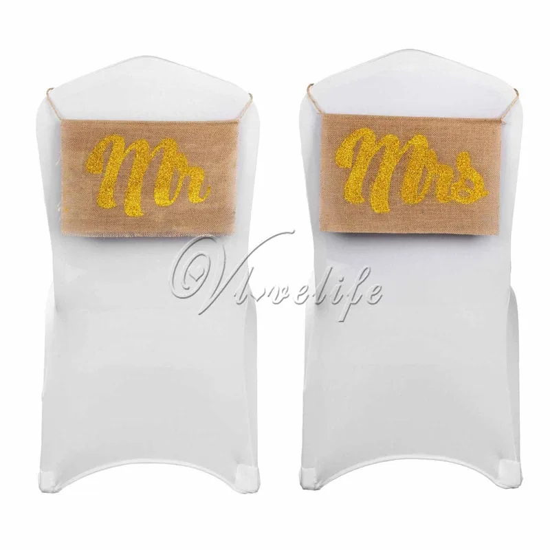 10 комплектов Блестящий Золотой Mr Mrs знак стула Мешковина Свадебные реквизиты